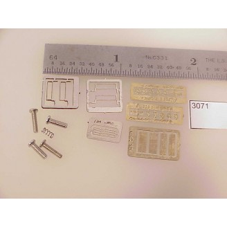3071-HO Diesel,wind screens/parts bag, wind screens,4 open1/16"Wx17/64"H,2mm screws,2small builders plates,1walkway tread etched plate3/32"x9/32",number plates(2)3/32"x17/64"-(2)1/16"x17/64"-Pkg.1set